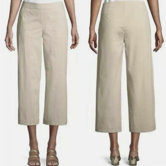 New Eileen Fisher Khaki Tan Peble Cropped Pant Wide Leg Stretch Career Work Pant - Picture 1 of 12